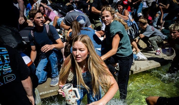 Đám đông hoảng loạn bỏ chạy, một số người ngã xuống nước, sau tiếng súng tại Đại học Utah Valley.