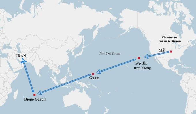 Mô phỏng hành trình của các oanh tạc cơ B-2 Mỹ. Đồ họa: Đình Giang