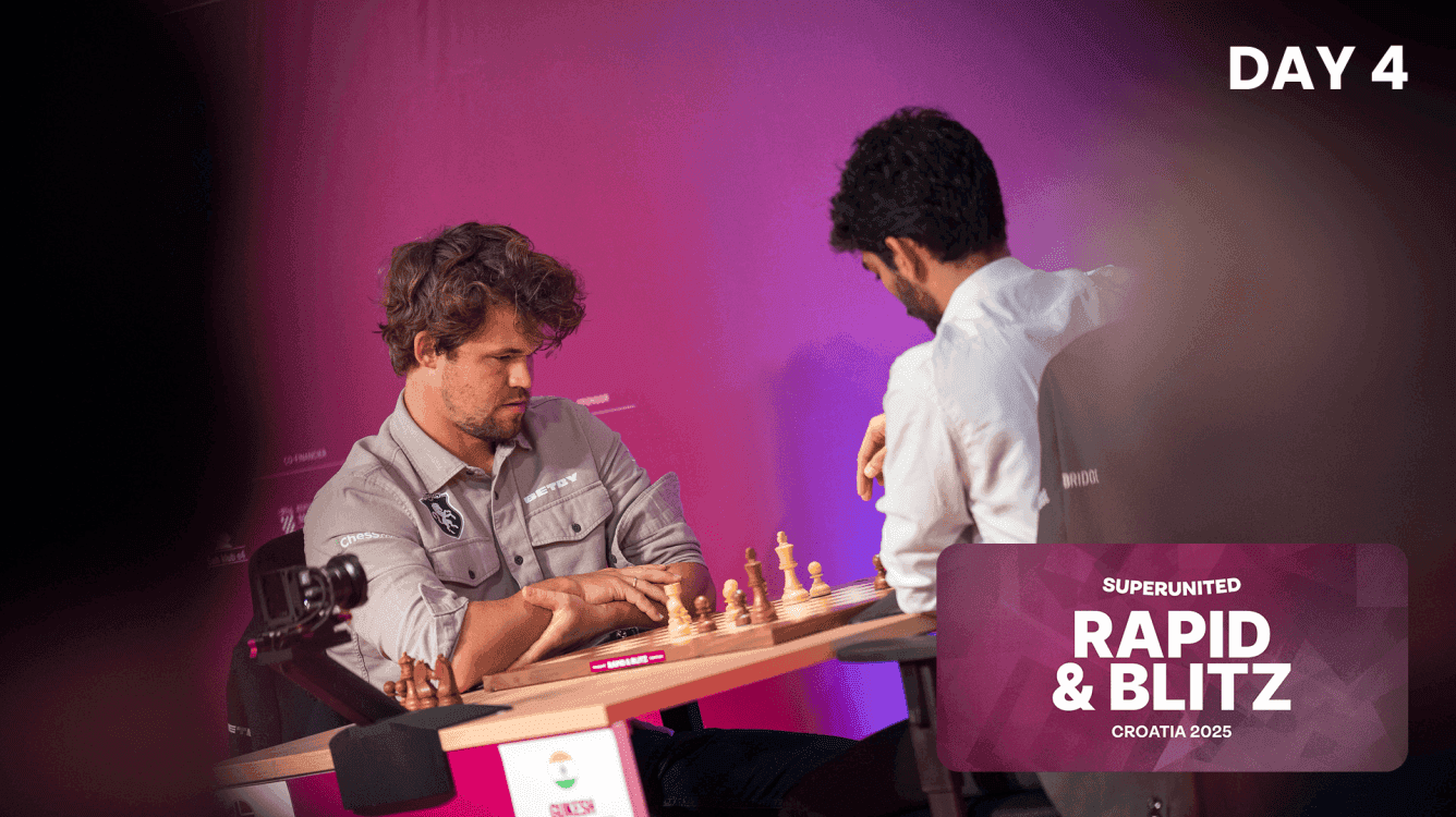 Magnus Carlsen và Gukesh Dommaraju đối đầu trên bàn cờ tại giải SuperUnited Rapid & Blitz Croatia.