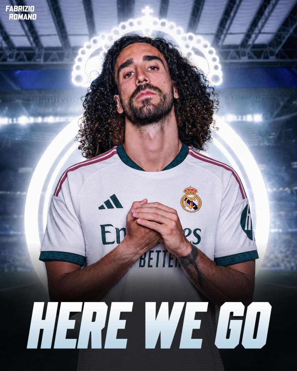 Marc Cucurella trong áo đấu Real Madrid với dòng chữ "HERE WE GO" xác nhận chuyển nhượng