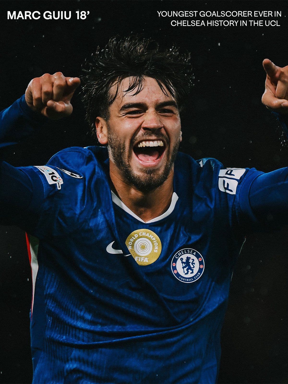 Marc Guiu ăn mừng bàn thắng mở tỷ số, lập kỷ lục cầu thủ trẻ nhất ghi bàn cho Chelsea tại Champions League.