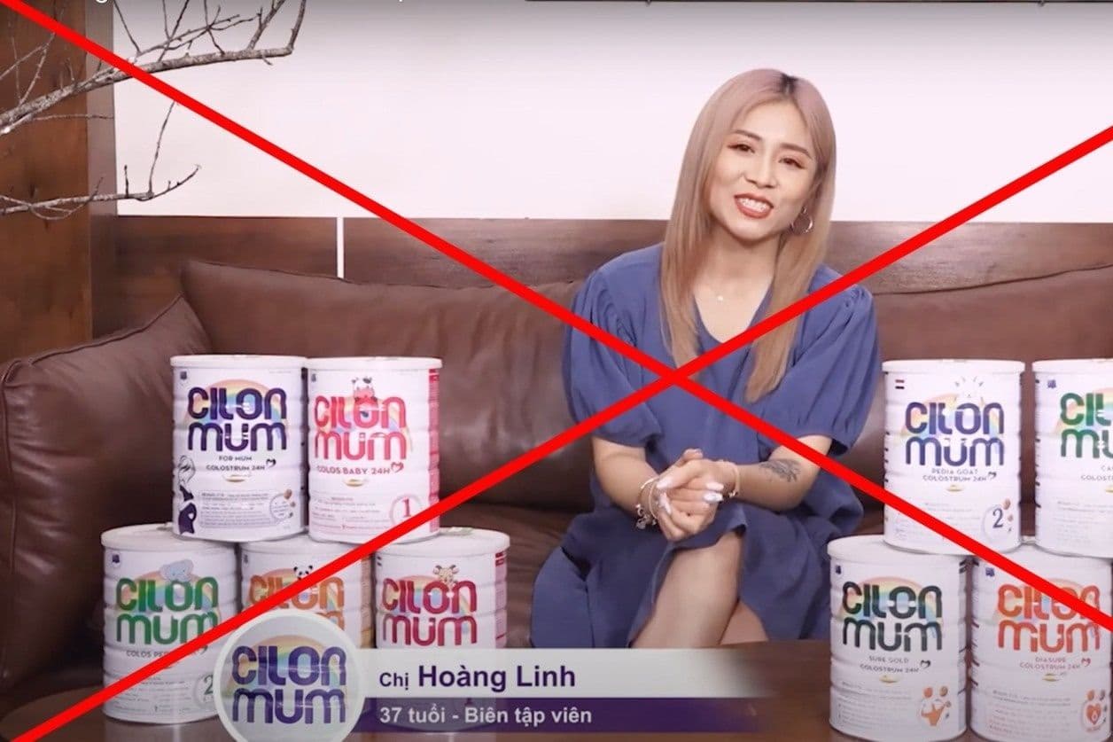 MC Hoàng Linh trong quảng cáo sữa Cilonmum bị đánh dấu X, biểu tượng cho quảng cáo sai sự thật.
