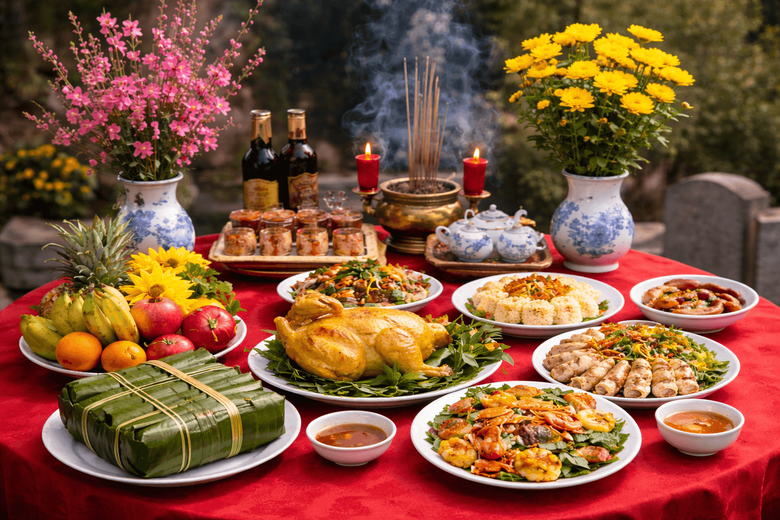 Mâm cỗ cúng Tất niên truyền thống với gà luộc, bánh chưng, trái cây và hoa trên bàn đỏ