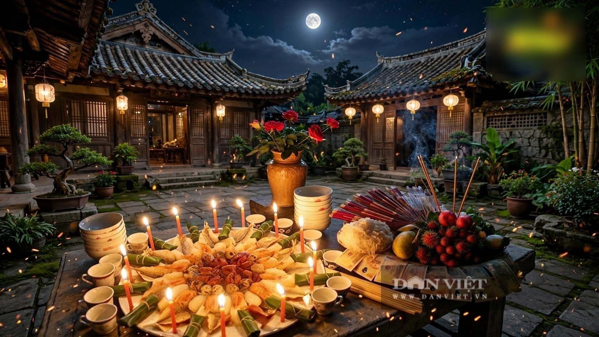 Mâm cúng Rằm tháng Bảy truyền thống dưới ánh trăng rằm tại sân đình cổ, thể hiện sự giao thoa văn hóa và tâm linh.