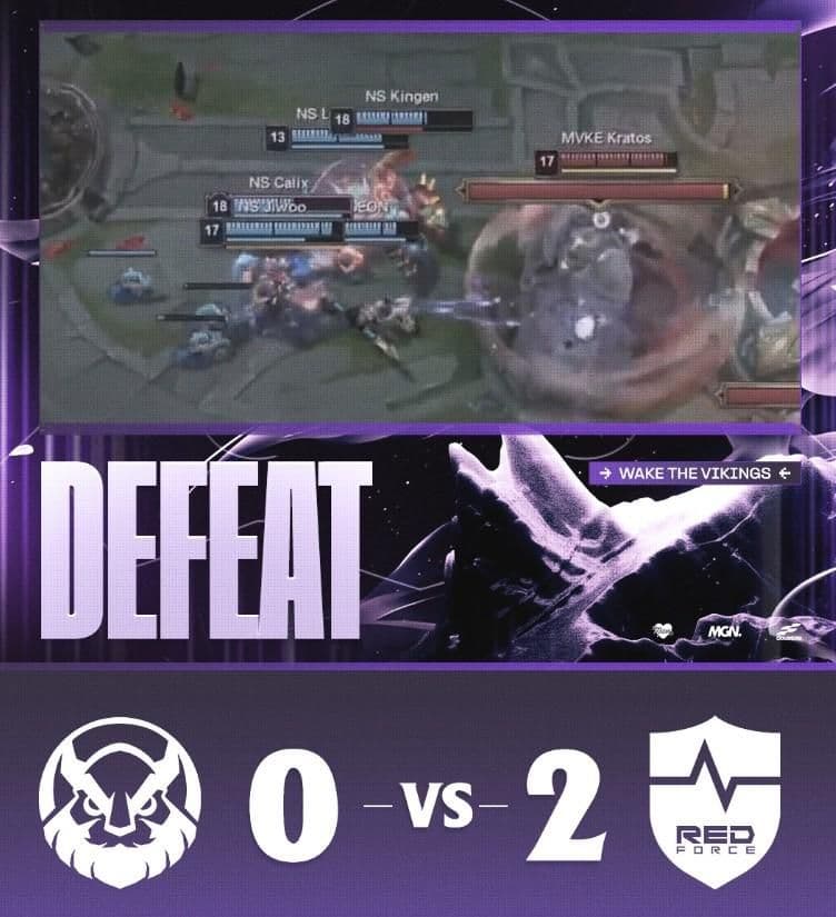 Màn hình 'DEFEAT' và tỷ số 0-2 cho thấy thất bại của MGN Vikings Esports tại ASI 2025, tương phản với chiến thắng của GAM.