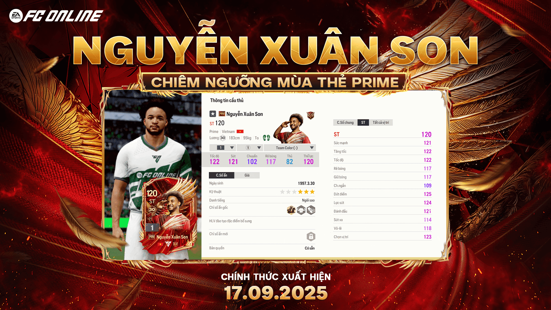 Màn hình hiển thị chi tiết các chỉ số vàng của Nguyễn Xuân Son PRIME trong FC Online, bao gồm tốc độ, lực sút và chỉ số ẩn.