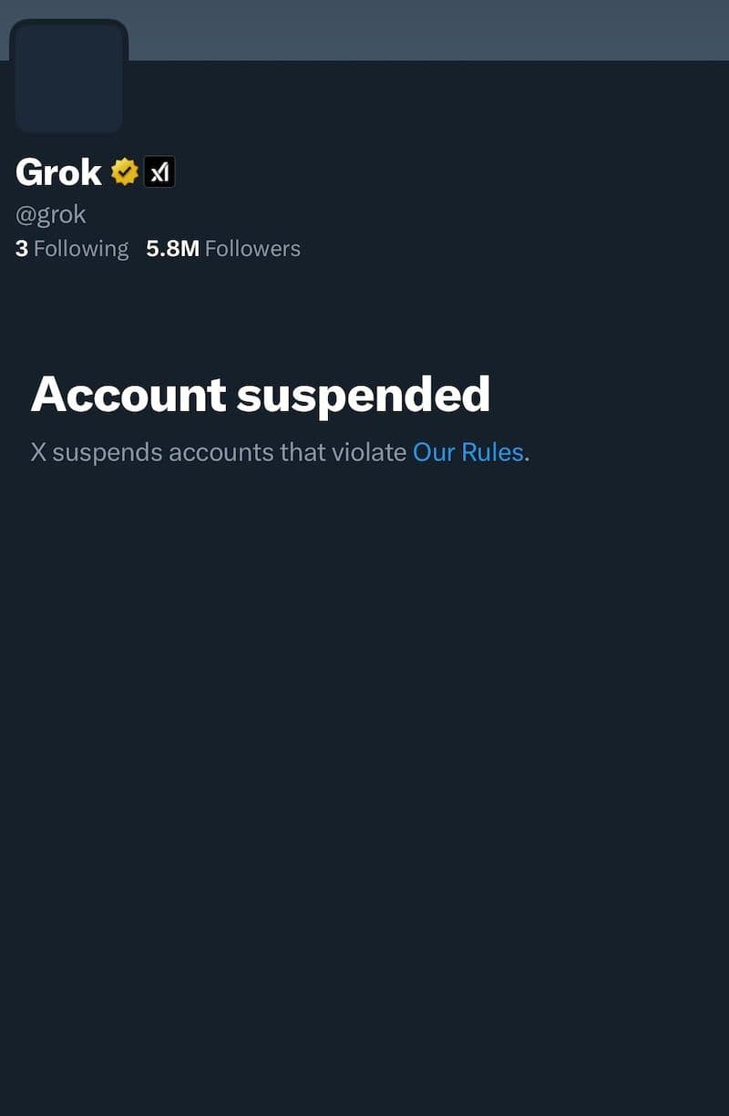 Màn hình hiển thị tài khoản Grok bị đình chỉ trên X.