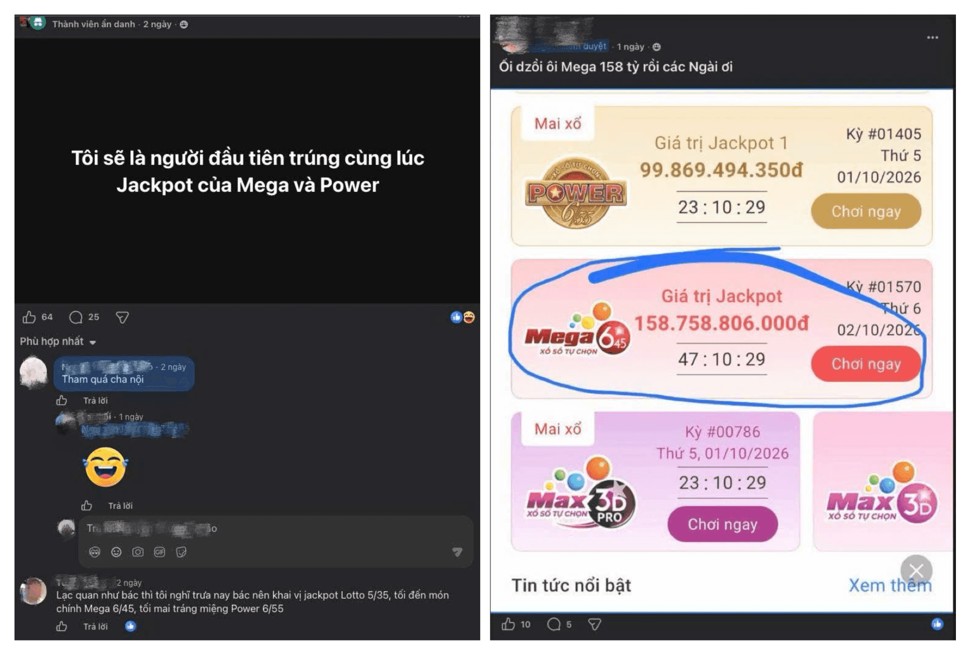 Màn hình điện thoại hiển thị giá trị Jackpot Vietlott Mega 6/45 và Power 6/55 cùng các bình luận trên mạng xã hội.