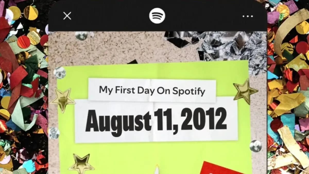 Màn hình điện thoại hiển thị 'Ngày đầu tiên của tôi trên Spotify' với ngày tháng cụ thể, tượng trưng cho nhật ký âm thanh cá nhân.