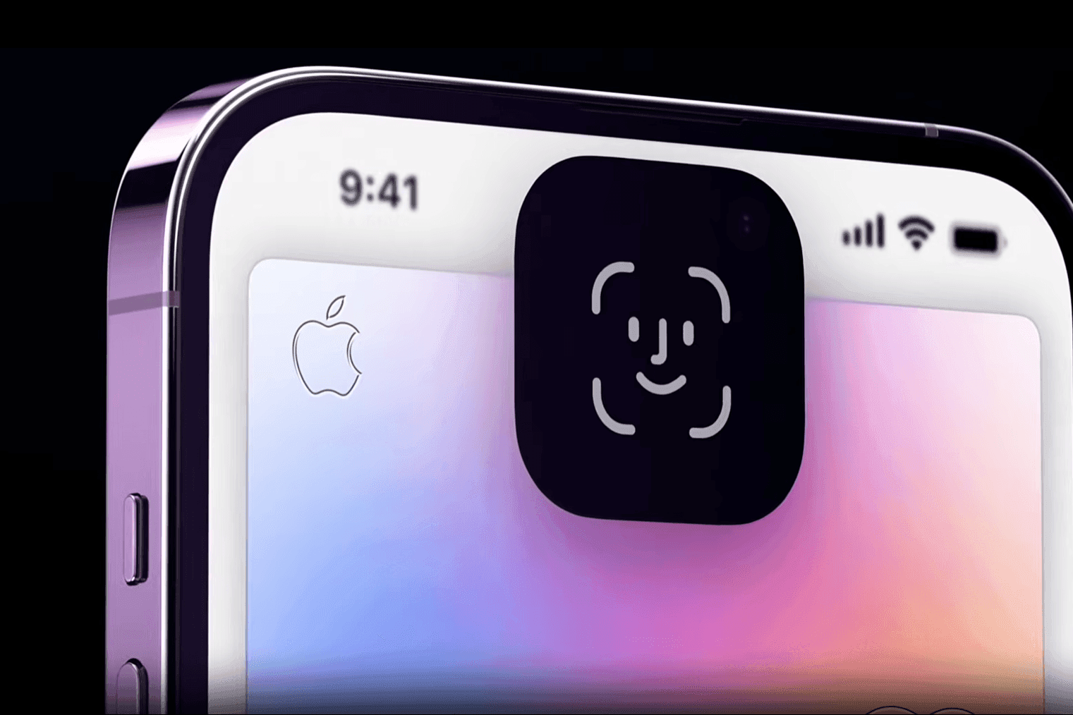 Màn hình iPhone hiển thị Dynamic Island và biểu tượng Face ID, gợi ý về công nghệ Face ID dưới màn hình và màn hình LTPO+