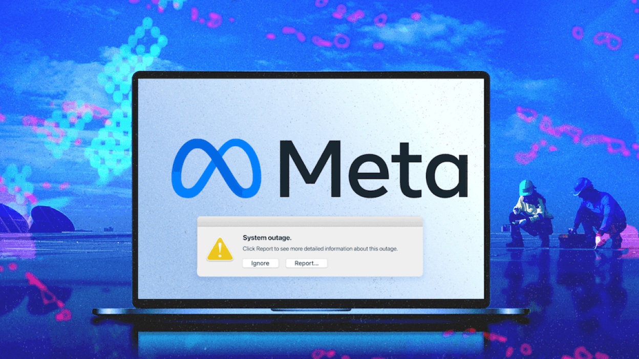 Màn hình laptop hiển thị logo Meta và thông báo lỗi hệ thống, tượng trưng cho sự cố ngừng hoạt động của Facebook.
