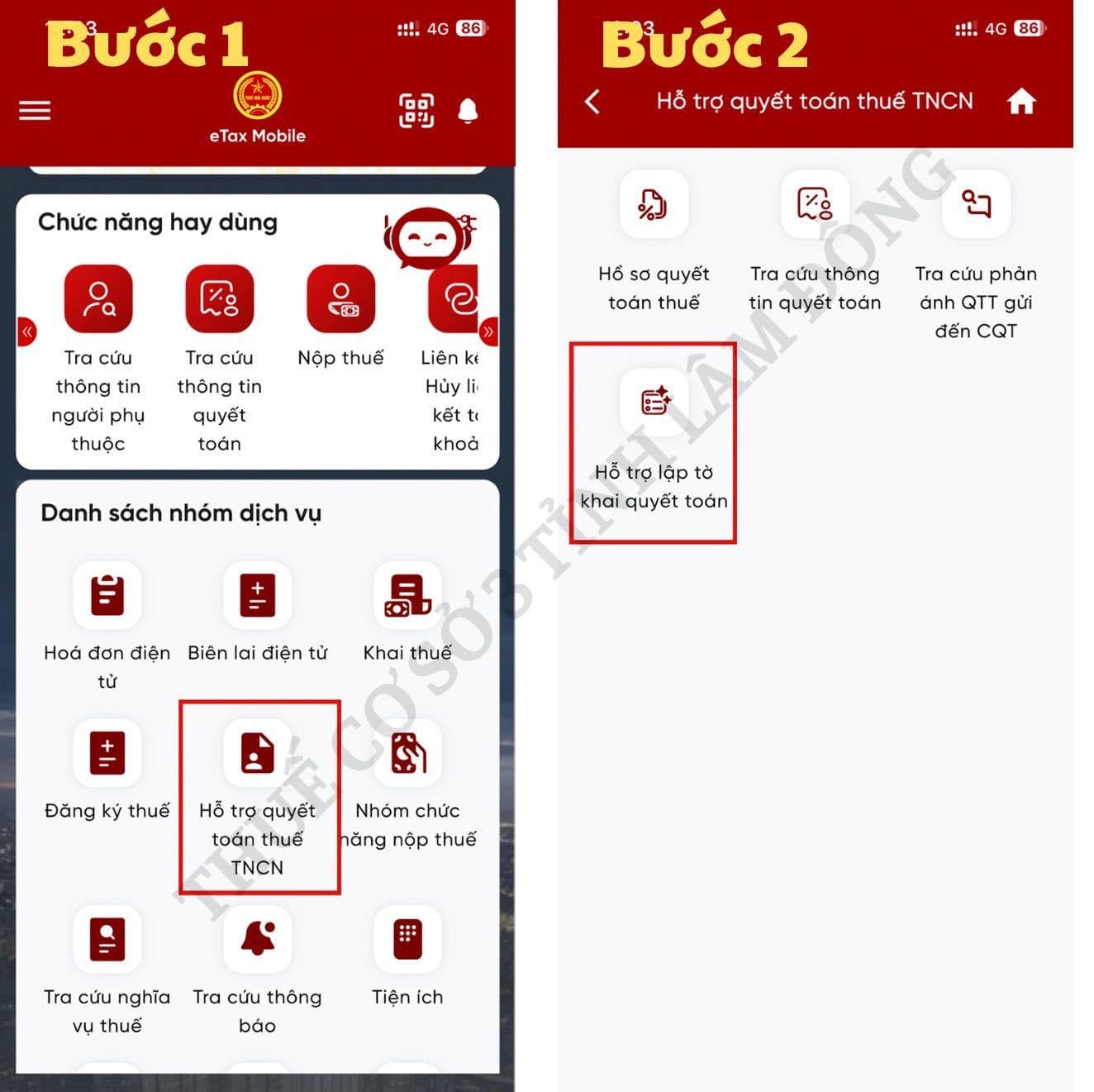 Màn hình ứng dụng eTax Mobile hiển thị các chức năng hỗ trợ quyết toán thuế thu nhập cá nhân.