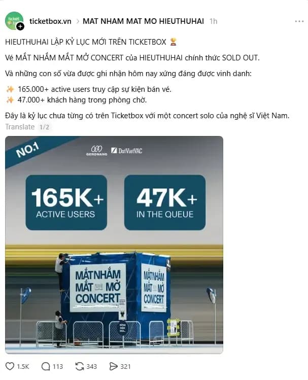 Màn hình Ticketbox hiển thị kỷ lục 165.000 người truy cập và 47.000 người xếp hàng chờ mua vé concert HIEUTHUHAI