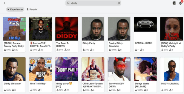 Màn hình tìm kiếm Roblox hiển thị các 'trải nghiệm' liên quan đến 'Diddy Party', minh họa sự thất bại trong kiểm duyệt nội dung.