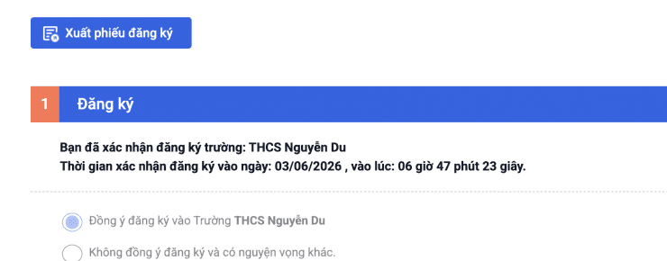 Màn hình xác nhận đăng ký tuyển sinh trực tuyến, thể hiện một bước trong quá trình thử nghiệm hệ thống GIS