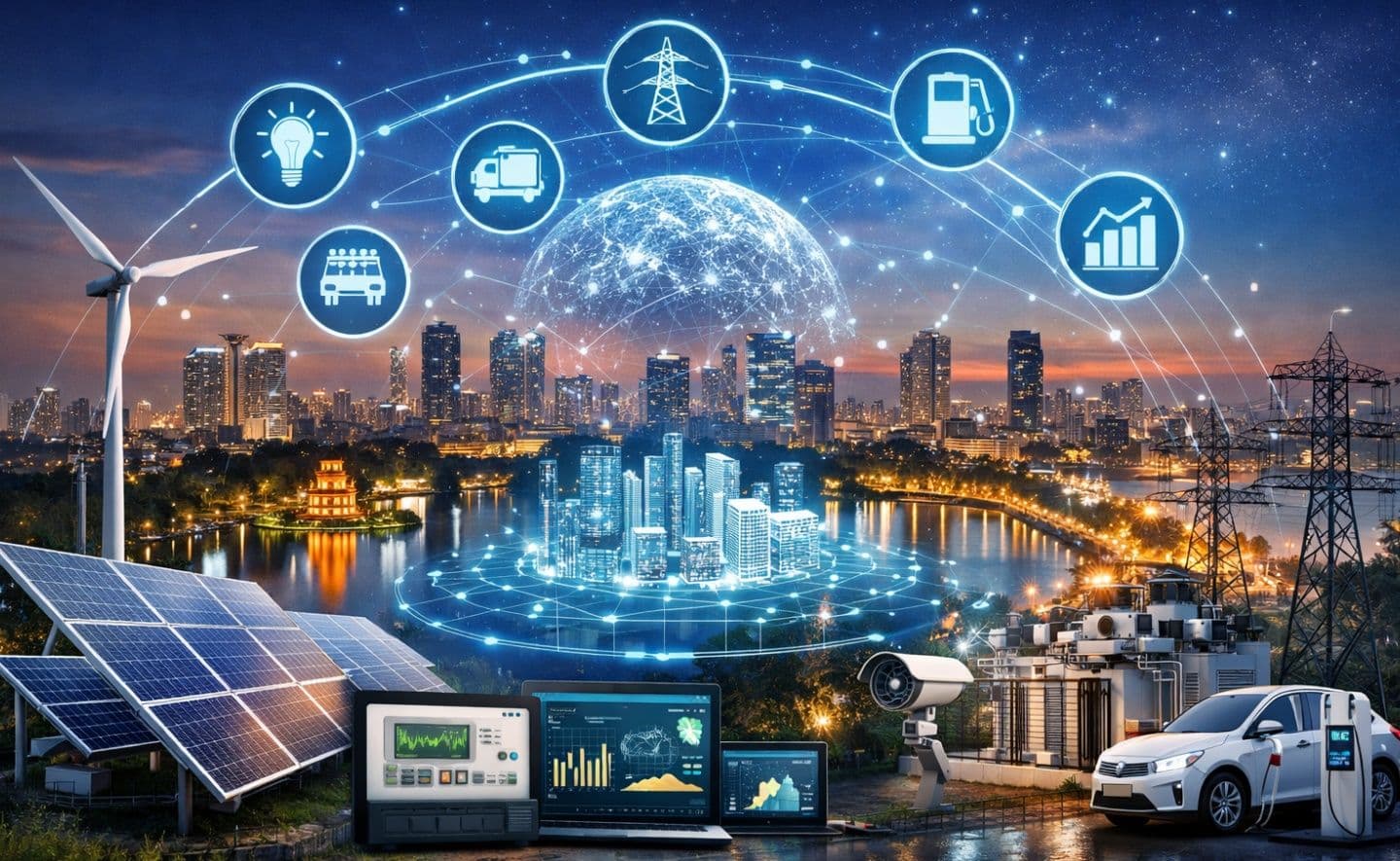 Mạng lưới đô thị thông minh với năng lượng tái tạo và xe điện, thể hiện tầm nhìn giao thông xanh của Hà Nội.