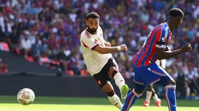 Mohamed Salah của Liverpool sút bóng trong trận đấu Siêu Cúp Anh tại Wembley