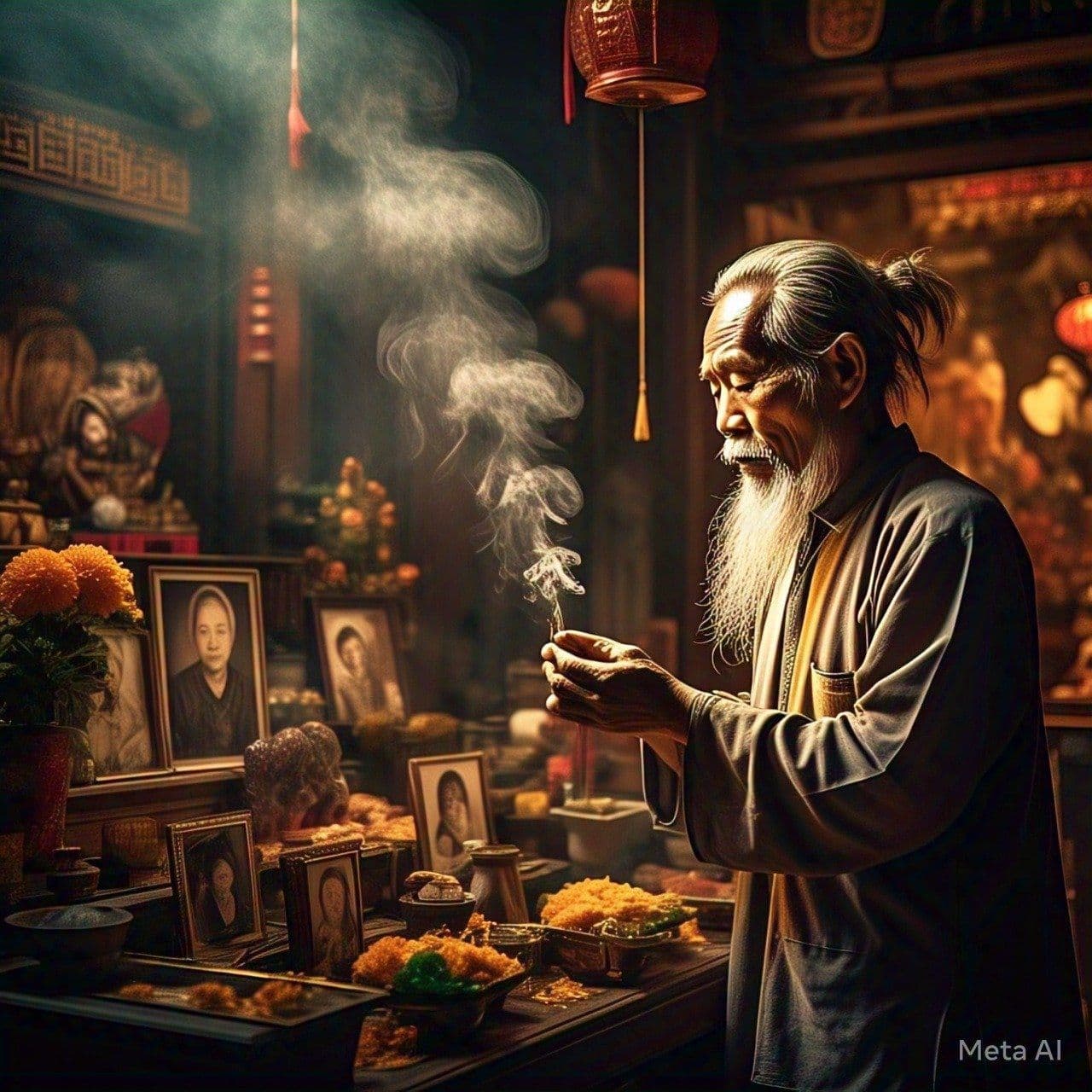 Một cụ ông râu bạc đang thắp hương trước bàn thờ gia tiên, thể hiện sự kết nối tâm linh và tưởng nhớ tổ tiên trong ngày Rằm.