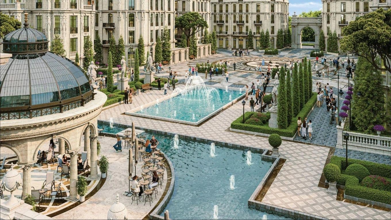 Một khu đô thị hiện đại với quảng trường, đài phun nước và nhiều người dân, thể hiện sự phát triển và gắn kết cộng đồng trong dịp lễ.
