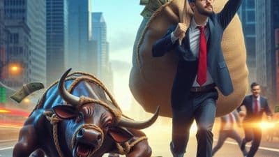 Một người đàn ông chạy với túi tiền lớn và hình ảnh con bò tót, tượng trưng cho sự tăng trưởng mạnh mẽ và triển vọng tài chính tích cực.