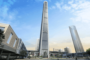 Một tòa nhà chọc trời hiện đại, biểu tượng cho các cực tăng trưởng kinh tế mới và sự phát triển bền vững mà dự án đường sắt cao tốc mang lại.