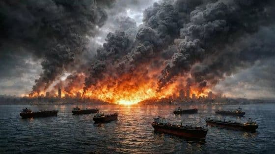 Một thành phố đang bốc cháy với khói đen dày đặc, tượng trưng cho sự hỗn loạn và quá tải thông tin trong dòng chảy tin tức 24h.