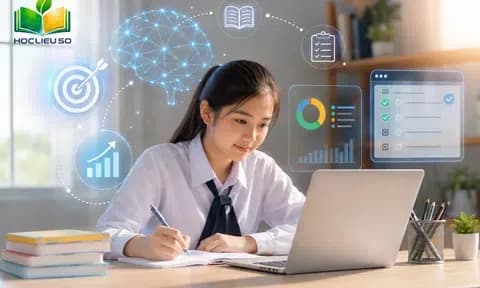 Nữ sinh học tập với laptop và các biểu tượng kỹ thuật số, tượng trưng cho việc xây dựng môi trường số an toàn và có trách nhiệm