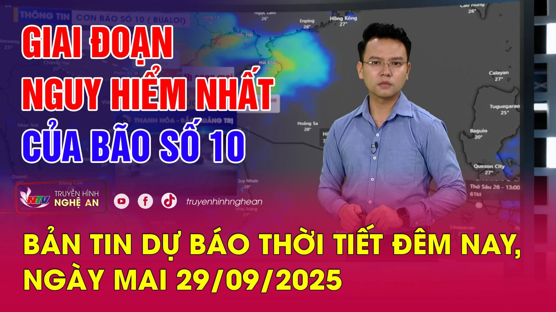 Nam phát thanh viên dự báo thời tiết thông báo về giai đoạn nguy hiểm nhất của bão số 10.