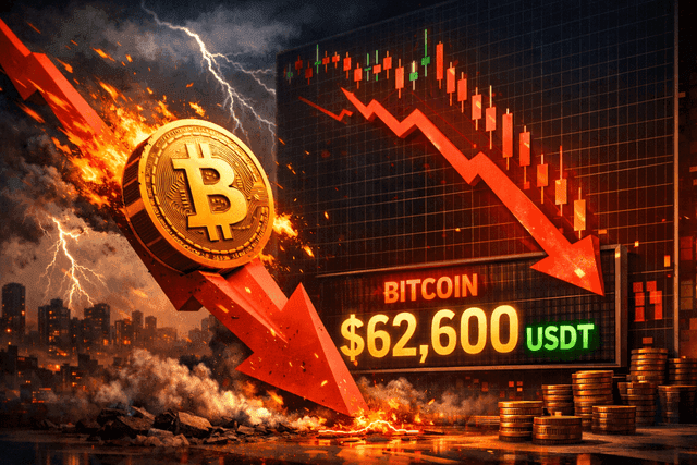 Đồng Bitcoin lao dốc mạnh với giá 62.600 USDT, biểu tượng cho sự sụt giảm của thị trường tiền số.