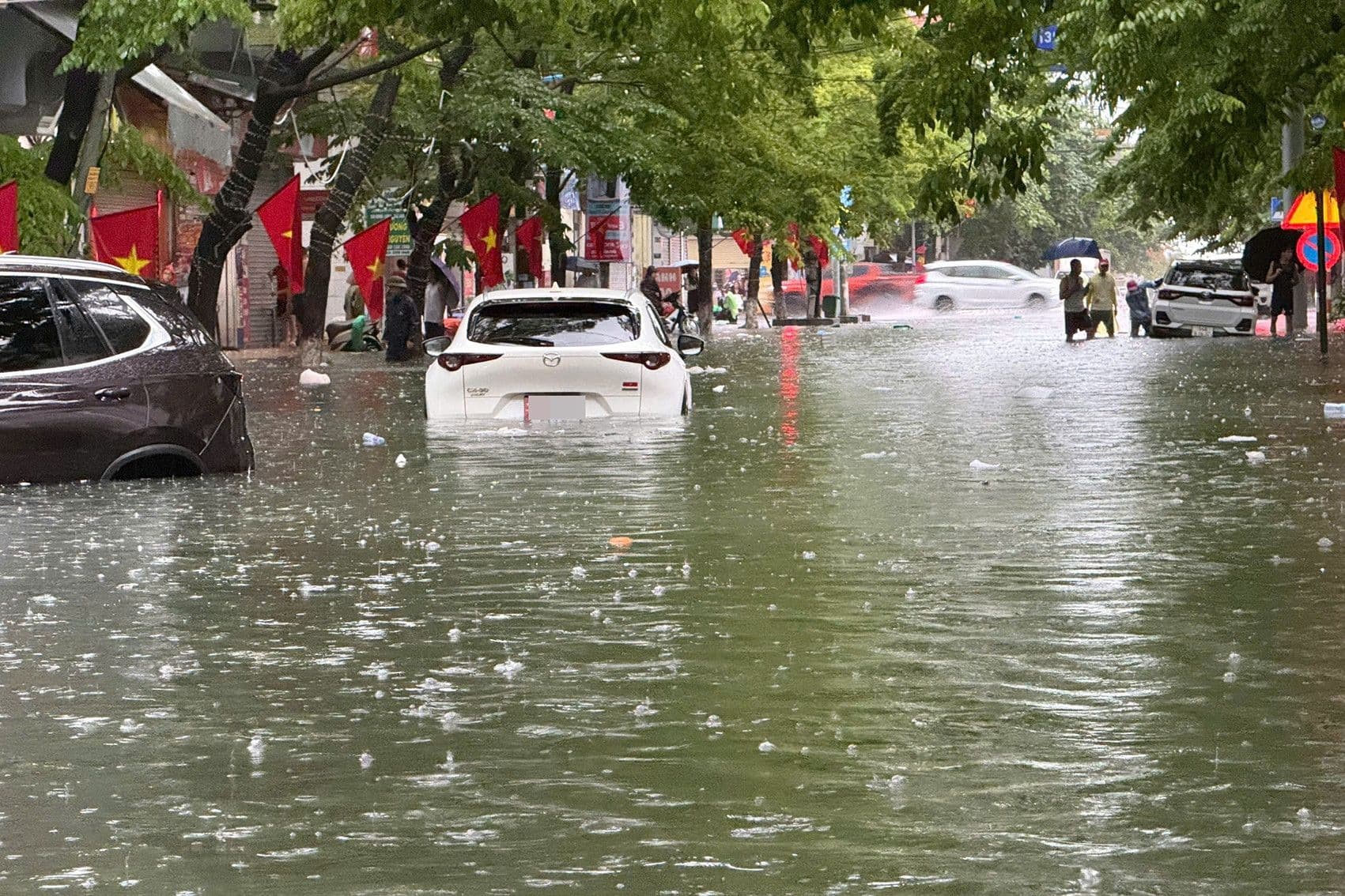 Đường phố ngập sâu với nhiều ô tô bị chết máy, thể hiện thách thức hạ tầng đô thị trước biến đổi khí hậu.