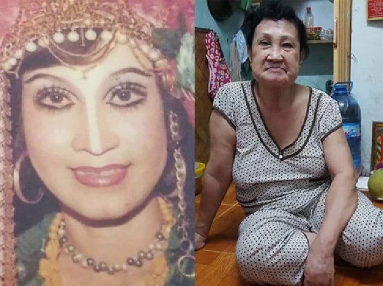 Nghệ sĩ cải lương Hoa Mỹ Hạnh thời trẻ lộng lẫy trên sân khấu và hình ảnh bà ở tuổi già neo đơn, bệnh tật.