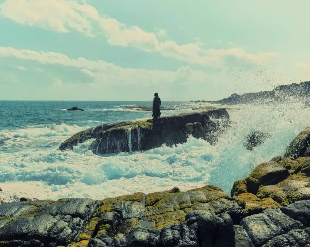 Nghệ sĩ GREY D đứng giữa sóng biển dữ dội, tượng trưng cho áp lực và thách thức trong thế giới bảng xếp hạng âm nhạc.