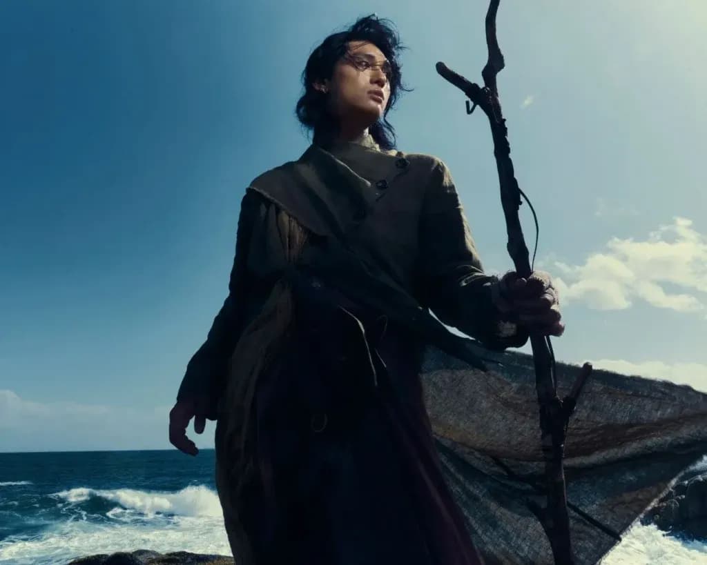 Nghệ sĩ GREY D đứng vững trên bờ biển với cây gậy, tượng trưng cho hành trình giữ gìn 'cái hồn' âm nhạc trước áp lực thị trường.