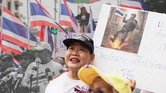 Người biểu tình trước Đại sứ quán Hoàng gia Campuchia tại Bangkok, liên quan đến các vấn đề địa chính trị khu vực.