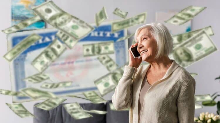 Người cao tuổi gọi điện thoại với tiền và thẻ An sinh Xã hội, minh họa việc nộp đơn xin SSI.