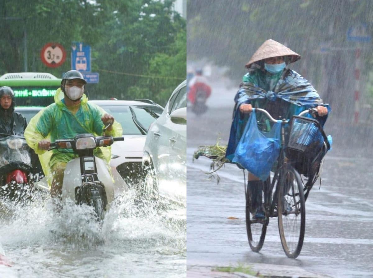 Người dân di chuyển khó khăn qua đường phố ngập nước do mưa lớn từ áp thấp nhiệt đới.