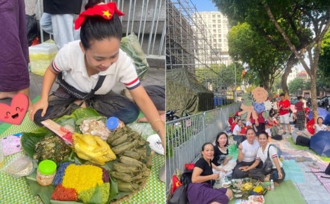 Người dân Hà Nội và các tỉnh lân cận tụ tập trên đường Hùng Vương, mang theo mâm cỗ Mường truyền thống để chờ xem tổng duyệt diễu binh.