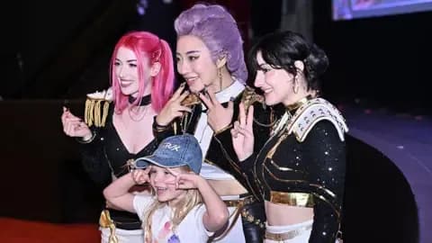 Người hâm mộ hóa trang thành các nhân vật Huntr/x từ Kpop Demon Hunters, thể hiện sự kết nối với câu chuyện và bản sắc.