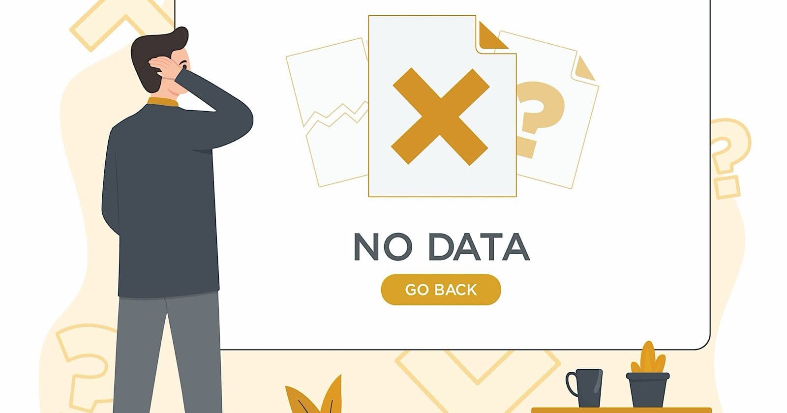 Người đàn ông bối rối nhìn màn hình hiển thị 'NO DATA' (Không có dữ liệu), tượng trưng cho việc các nhà xuất bản mất dữ liệu và quyền lực trước AI của Google.