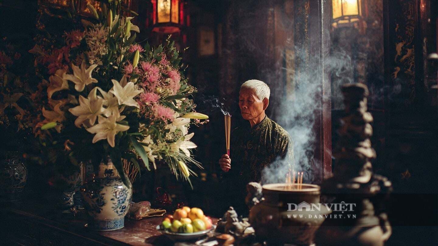 Người đàn ông lớn tuổi thành kính dâng hương, thể hiện sự duy trì truyền thống và cầu nguyện cho một tương lai thịnh vượng, bình an.