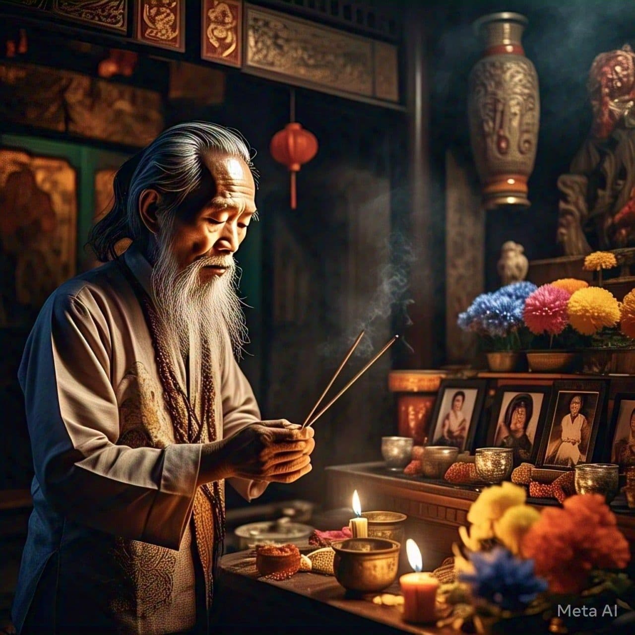 Người đàn ông lớn tuổi thành kính thắp hương trước bàn thờ tổ tiên trong lễ Tất niên