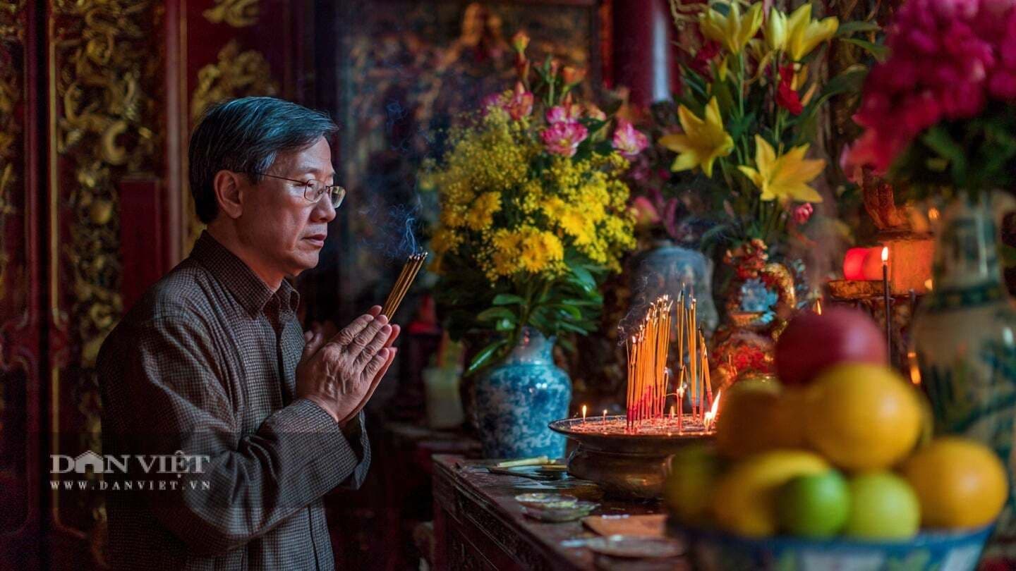 Người đàn ông thành kính thắp hương và khấn bái, tìm về giá trị tâm linh giữa cuộc sống hiện đại số hóa.