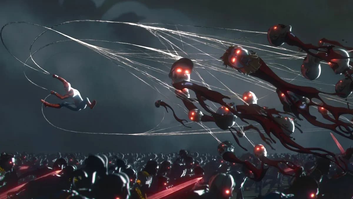 Người Nhện chiến đấu chống lại đám xác sống khát máu, thể hiện sự tàn khốc và đẫm máu của thế giới hậu tận thế trong Marvel Zombies.