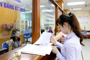 Người nộp thuế đang xem xét hồ sơ tại quầy dịch vụ thuế, thể hiện sự tương tác trực tiếp với hệ thống thuế và quá trình quyết toán thuế thu nhập cá nhân.