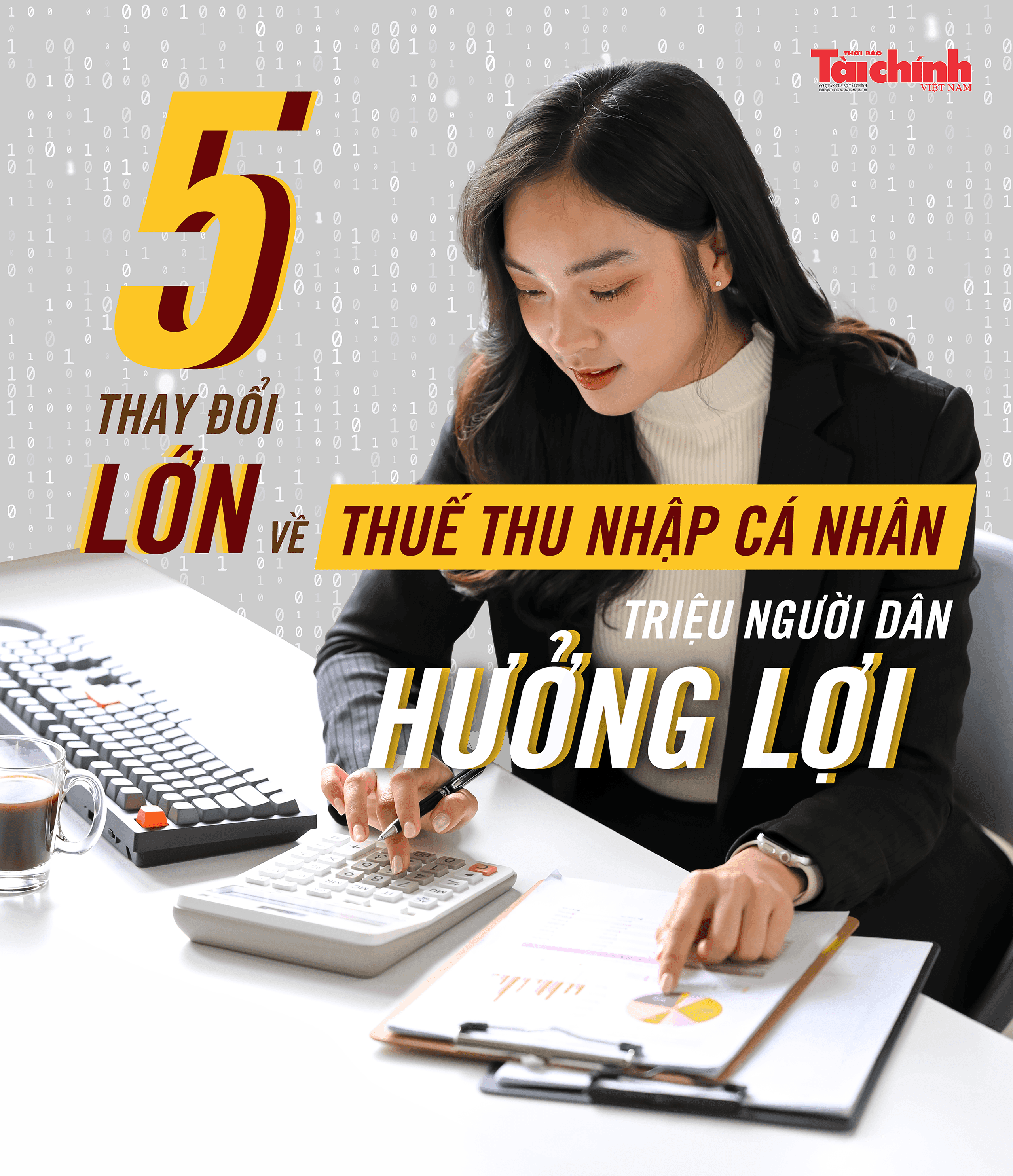 Người phụ nữ đang tính toán trên máy tính, biểu thị 5 thay đổi lớn về thuế thu nhập cá nhân mang lại lợi ích cho hàng triệu người dân.