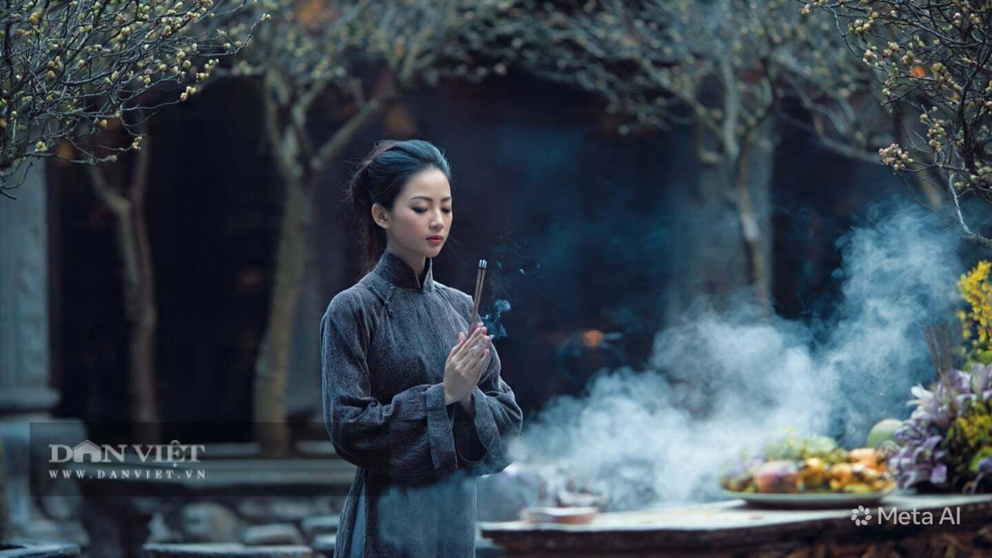 Người phụ nữ dâng hương cầu nguyện, thể hiện niềm tin và sự bình an trong tháng cửu độc