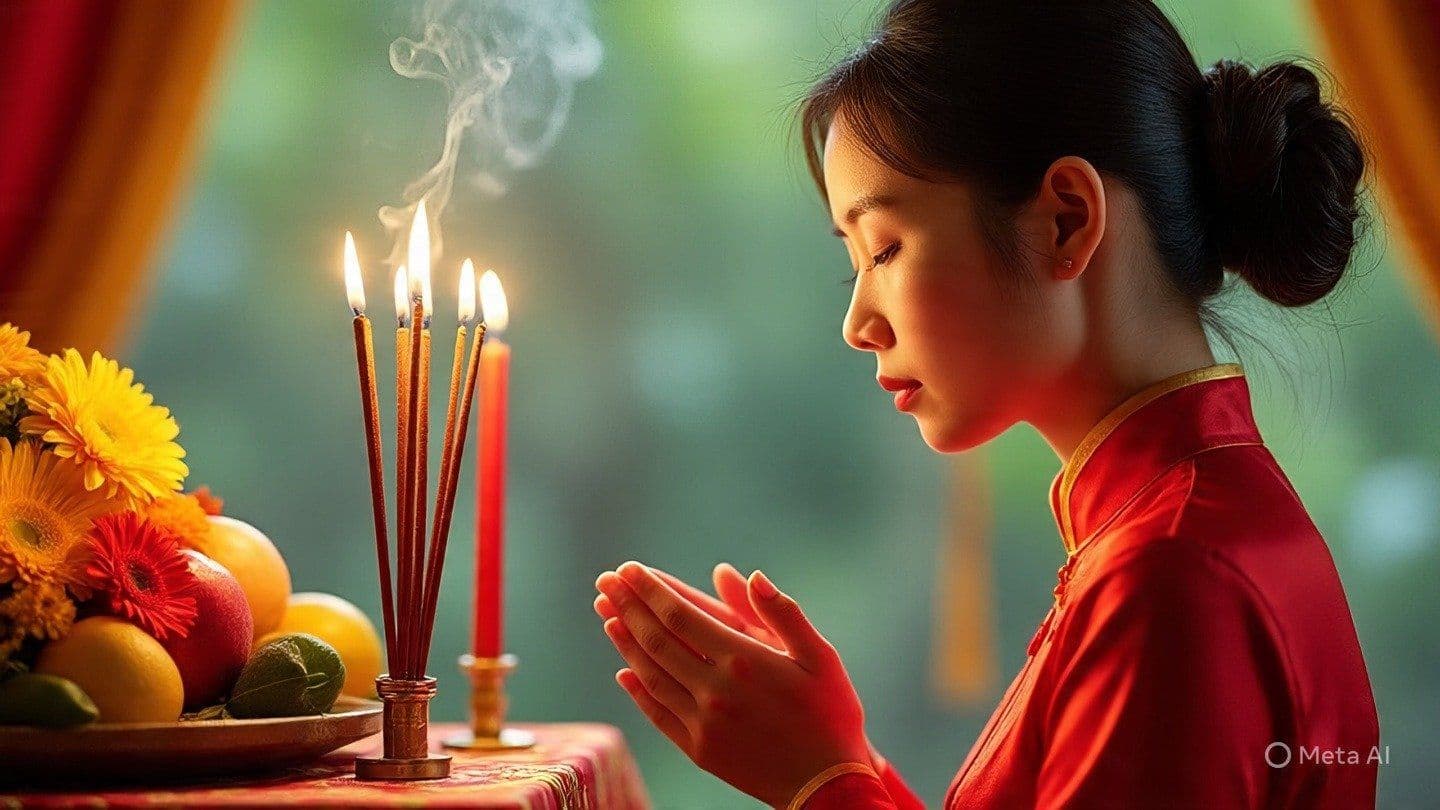 Người phụ nữ mặc áo dài đỏ chắp tay cầu nguyện trước bàn thờ với hương, nến và hoa quả, thể hiện sự thành kính trong ngày Rằm.