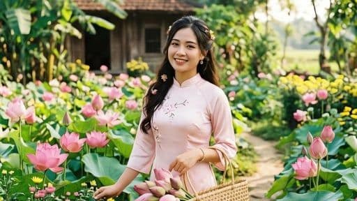 Người phụ nữ mặc áo dài hồng giữa vườn sen, biểu tượng của sự thanh tịnh và tinh thần từ bi trong Tháng Phật Đản và việc gieo duyên lành.