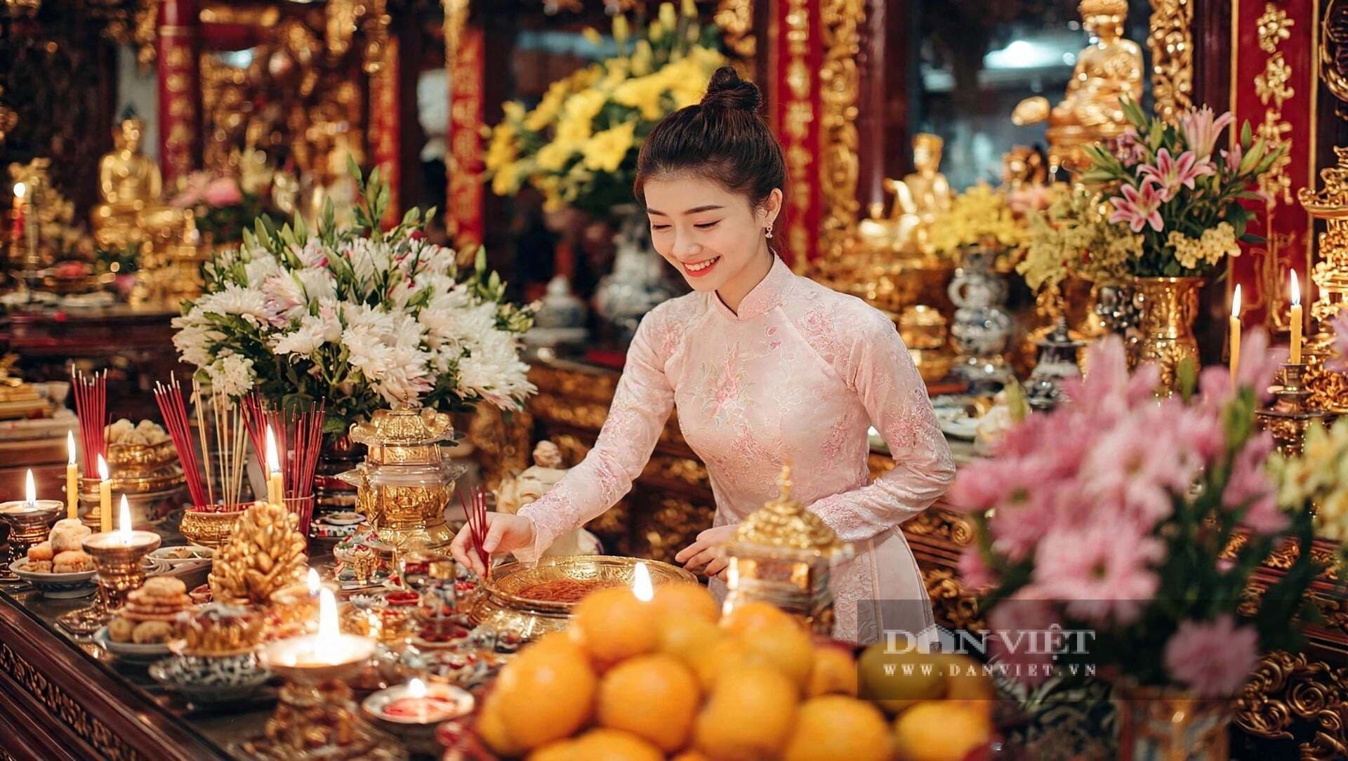 Người phụ nữ mặc áo dài hồng tươi cười chuẩn bị mâm cúng mùng 1 với hương, hoa, quả trên bàn thờ trang nghiêm.