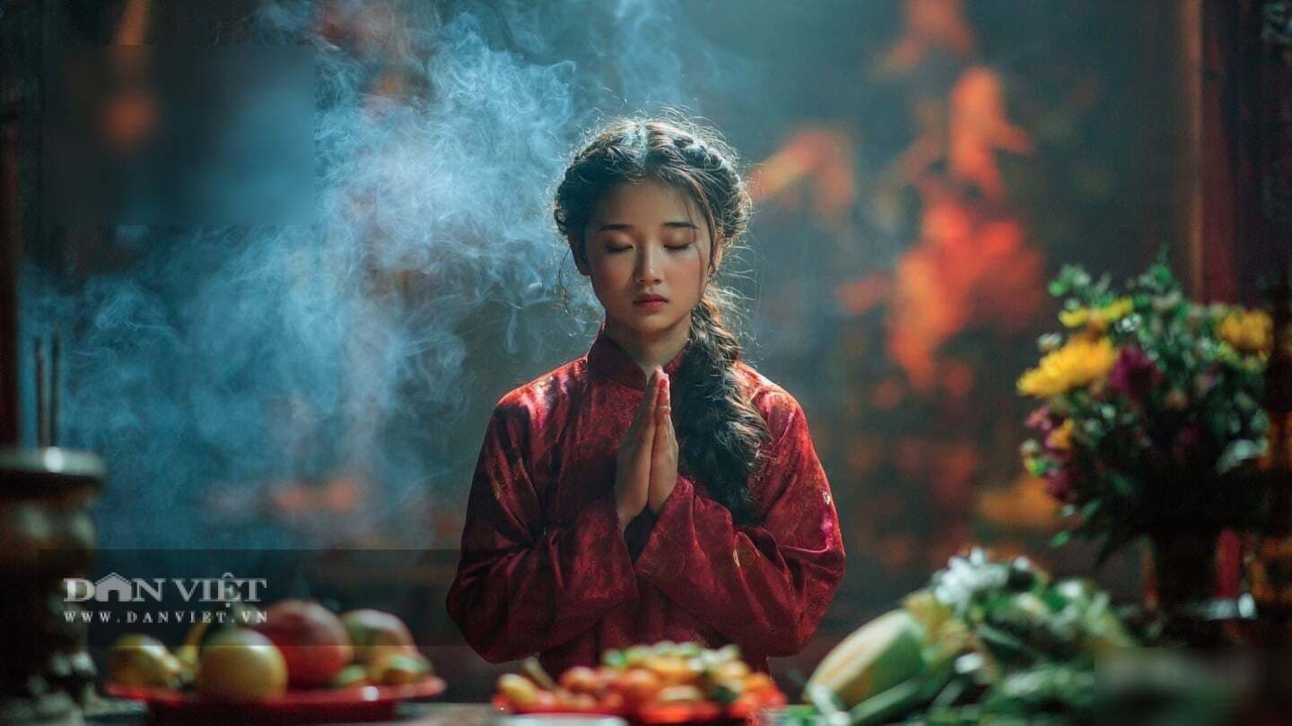Người phụ nữ mặc áo dài đỏ, nhắm mắt thành tâm khấn nguyện giữa làn khói hương, thể hiện sự tập trung và nội lực từ tâm khi thực hành văn khấn.